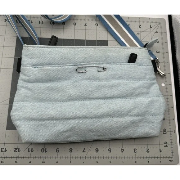 SafeTEE Bag Light Blue Quilted Puffer Crossbody Bag Safety Pin Denim Y2K Skater - Picture 2 of 7